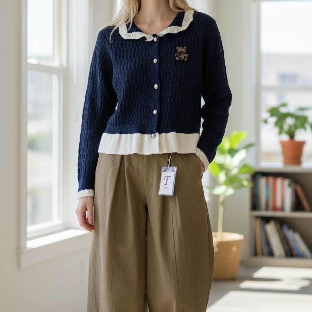 Navy and Cream Women's Sweater - Picture 5 of 6